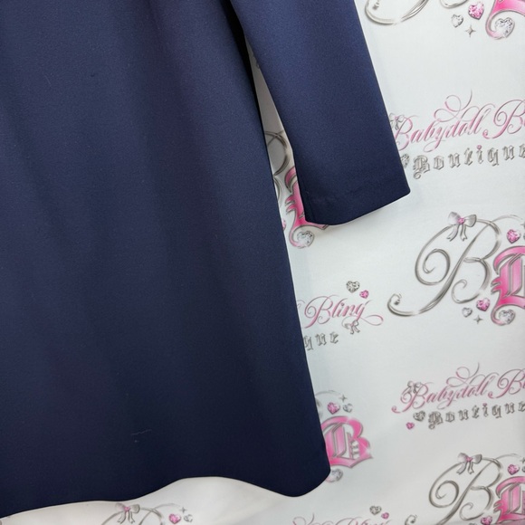 Calvin Klein dress ribbon bow tie up neck detail gold zipper Navy Midi Dress - Picture 6 of 13